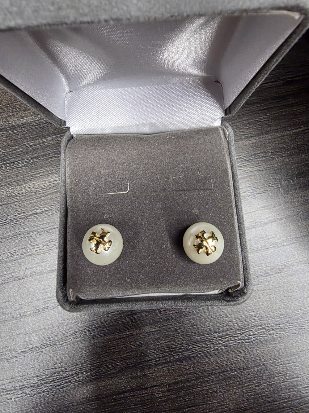 Tory Burch White Pearl-Look Button Stud Earrings with Gold Logo